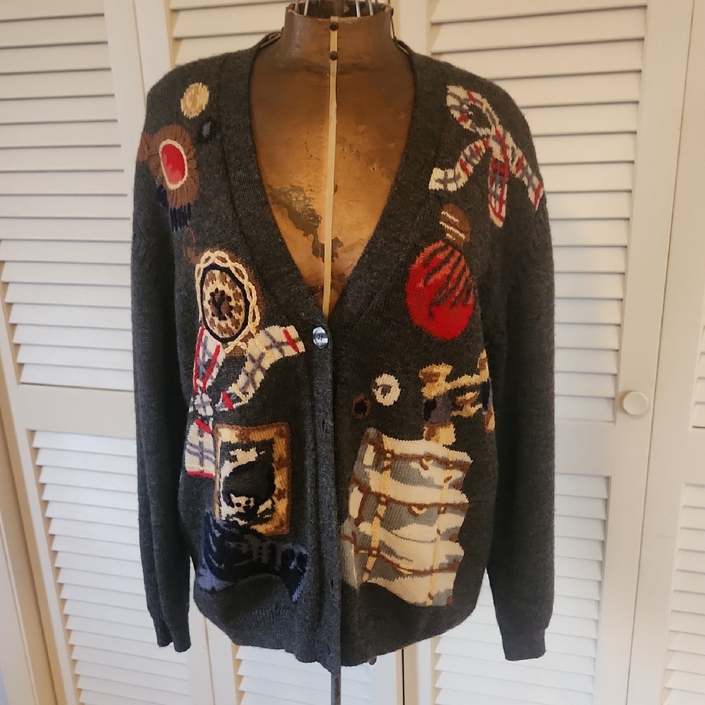 Susan Bristol Vintage Dark Grey Cardigan Travel Vanity Hand Embroidered Cardigan